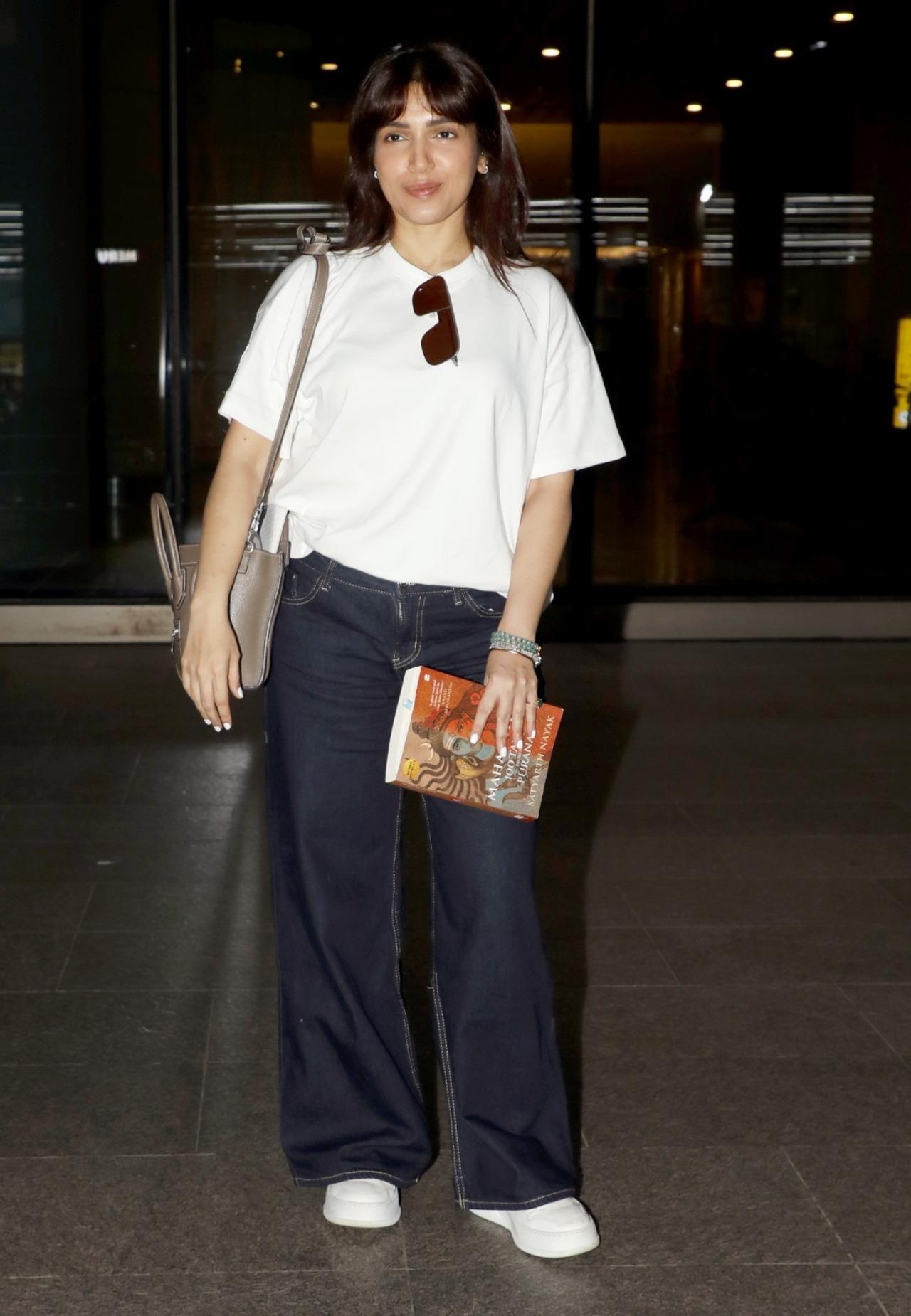 Bhumi Pednekar was clicked at the airport in a white t-shirt and black pants combo.